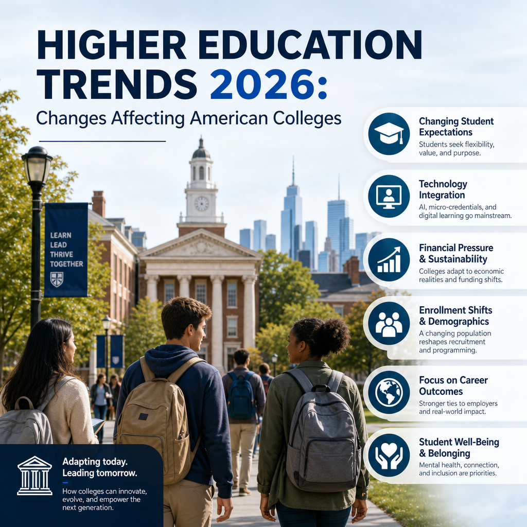 Infographic on higher education trends 2026, showing enrollment, technology, finance, careers, and student well-being.