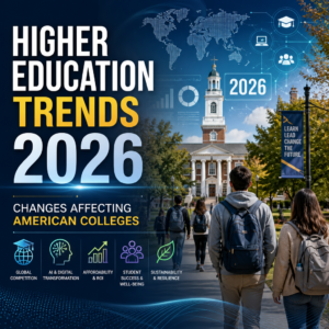 Illustration of American colleges in 2026 with icons for global competition, digital learning, affordability, student success