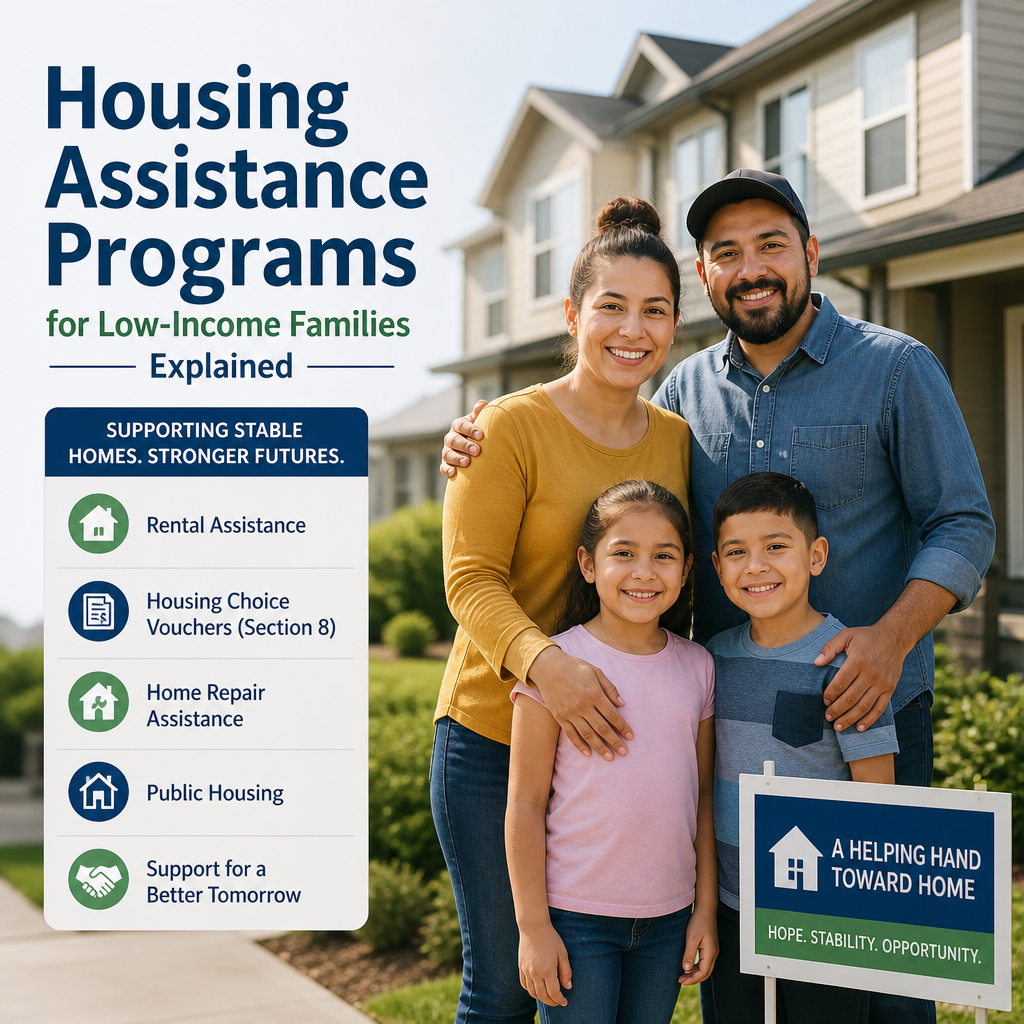 Infographic showing housing assistance programs for low-income families, with support options and benefits highlighted
