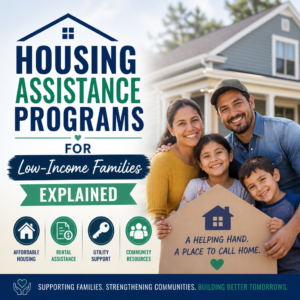 Illustration of housing assistance programs with affordable housing, rental aid, utility support, and community resources