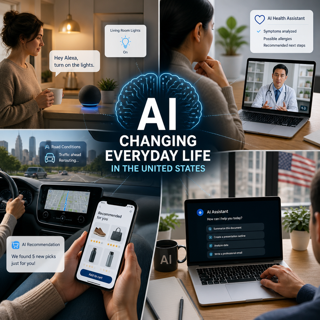Illustration of artificial intelligence in U.S. daily life: smart assistant, healthcare, navigation, and recommendations
