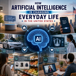 A person using a smartphone with AI icons and smart home devices around them