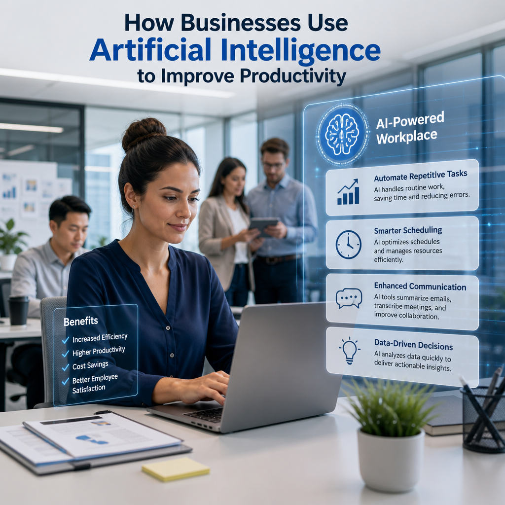 Business team using AI tools for automation, scheduling, communication, and data-driven decisions.