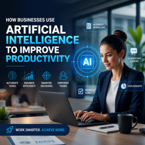 Business team using artificial intelligence productivity tools to automate work and analyze data.