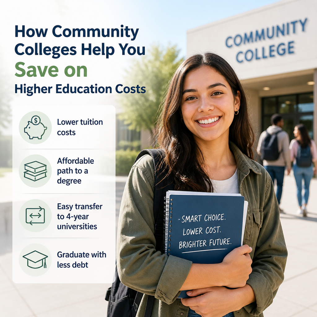 Smiling student holding a book outside a community college, showing affordable higher education options.