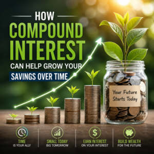 Stacked coins with a growing plant showing compound interest and savings growth over time