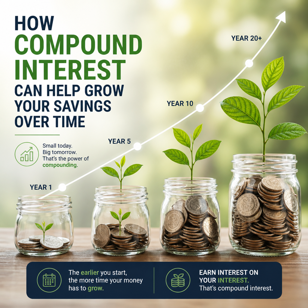Illustration of compound interest growth over time with growing plants and coin jars