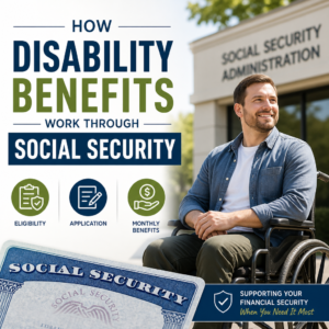 Man in wheelchair outside Social Security office with text about disability benefits and Social Security