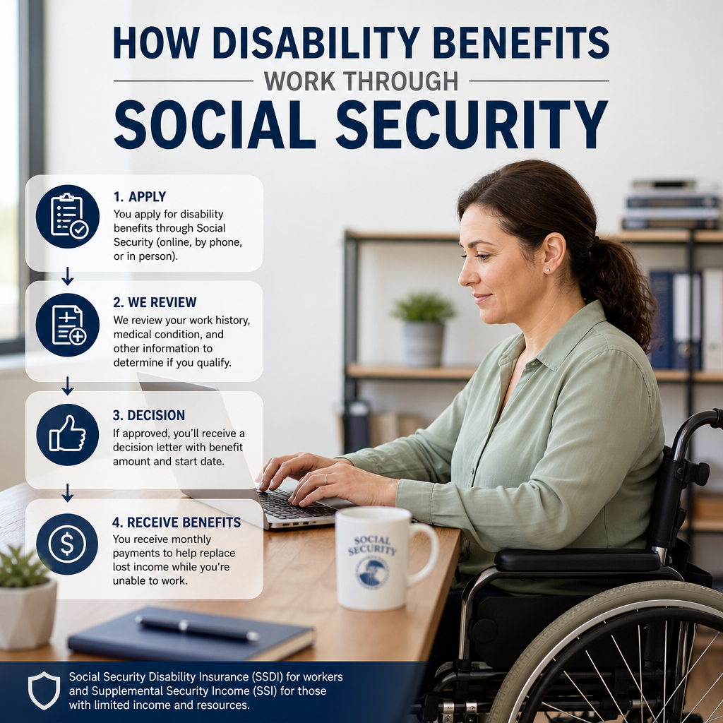 Infographic showing the four-step process to apply for Social Security disability benefits and qualify