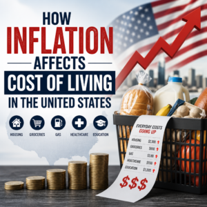 Infographic showing inflation raising U.S. cost of living for housing, groceries, gas, healthcare, and education