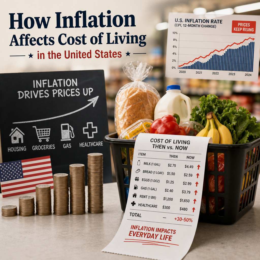 Infographic showing inflation raising U.S. cost of living for groceries, housing, gas, and healthcare