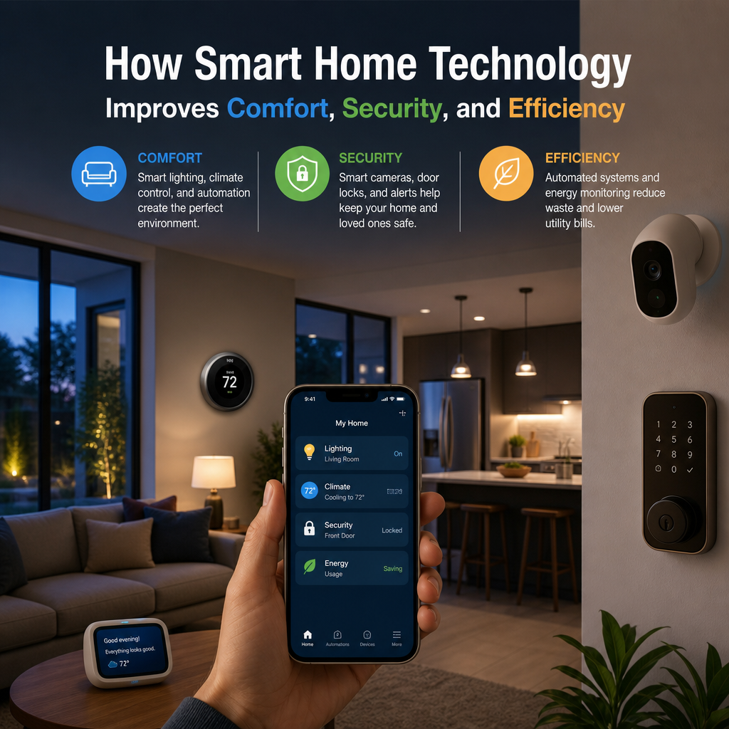 Smart home dashboard controlling climate, security, and energy-saving devices in a modern house