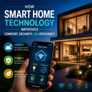 Modern smart home with connected devices for comfort, security, and energy efficiency
