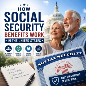 Illustration of Social Security benefits for retirement, disability, survivor support, and financial security in the U.S.