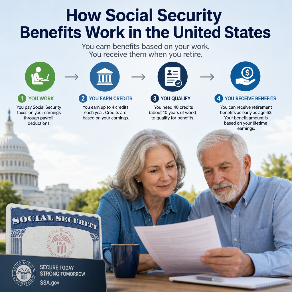 Infographic showing how Social Security benefits work, with a senior couple reviewing documents.
