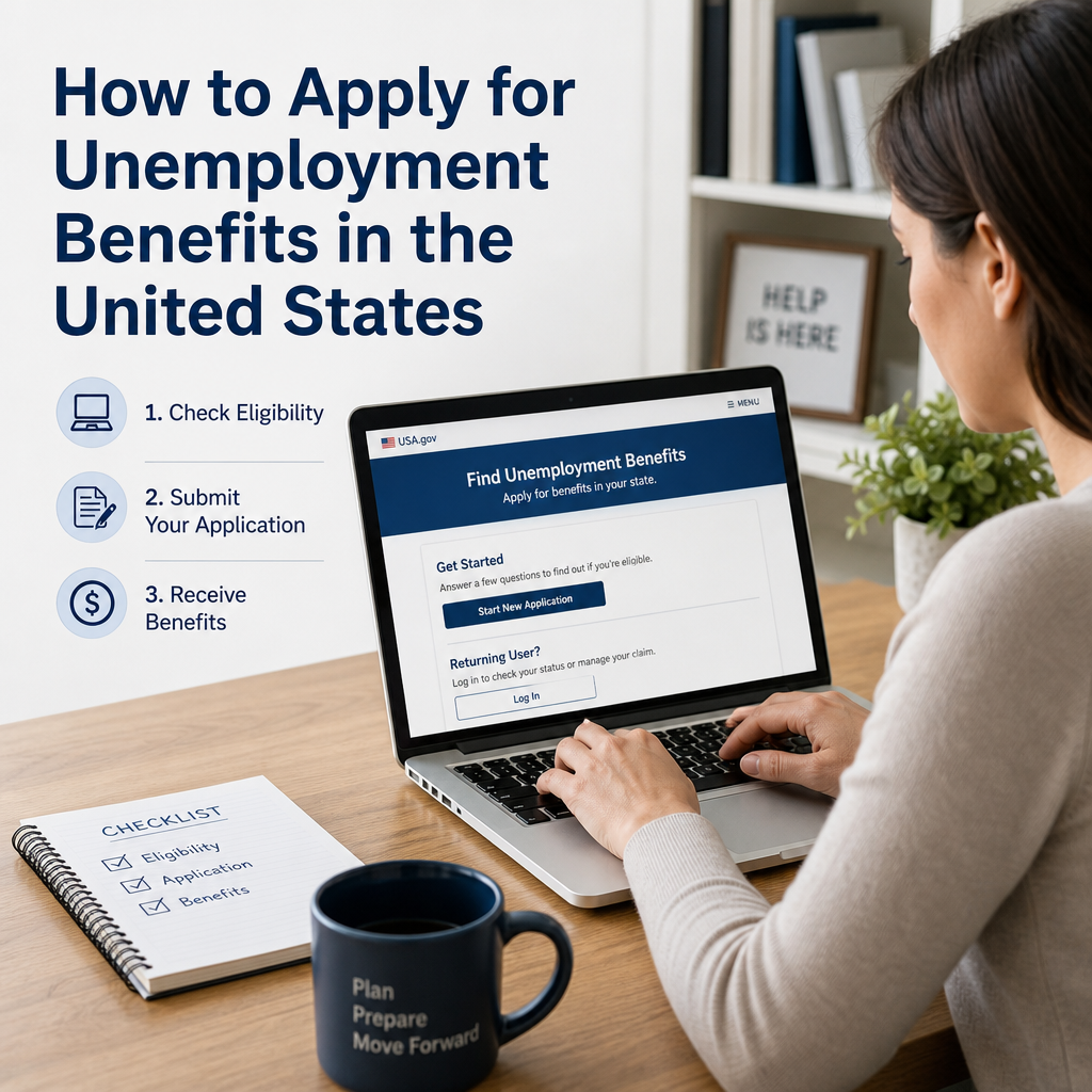 Woman in the United States applying for unemployment benefits online.