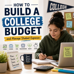 Student budgeting worksheet with calculator, coins, and expense categories for college budget planning