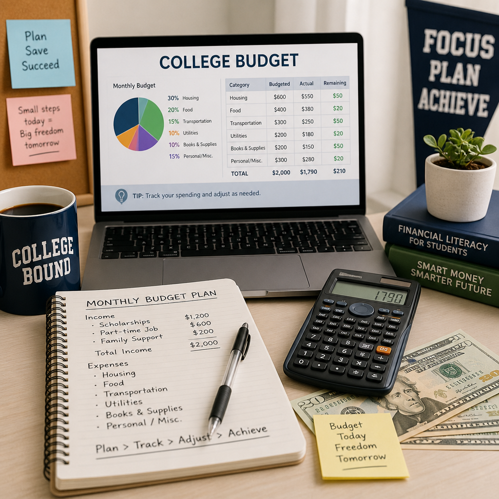 Laptop displaying a college budget plan with calculator and notebook on a study desk