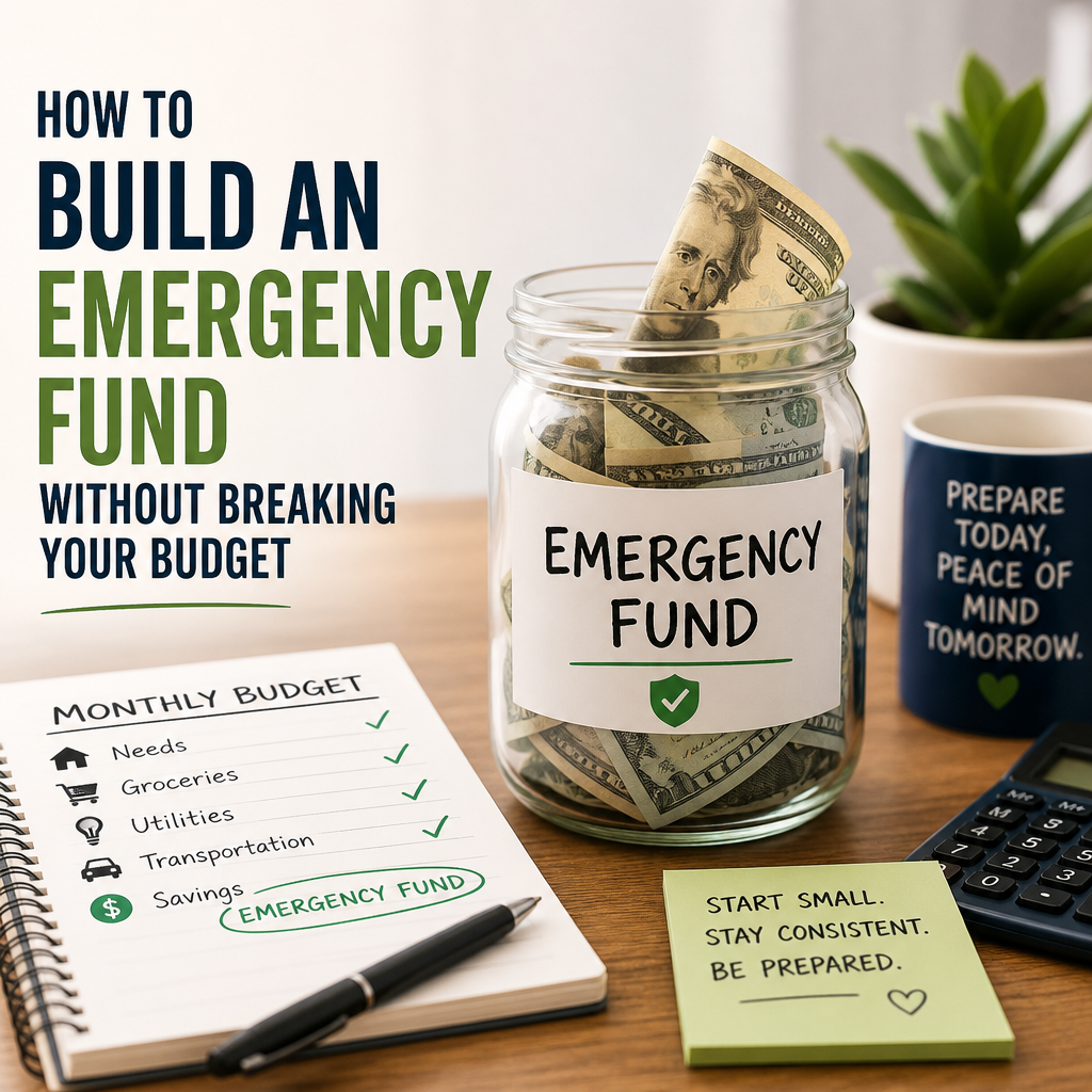 Jar labeled "Emergency Fund" filled with cash beside budgeting notes and a motivational mug