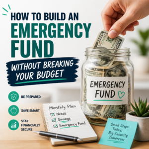 Illustration of a piggy bank and coins with savings tips for building an emergency fund on a budget