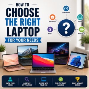 Illustrated laptop selection guide showing performance, portability, budget, display, and battery life icons
