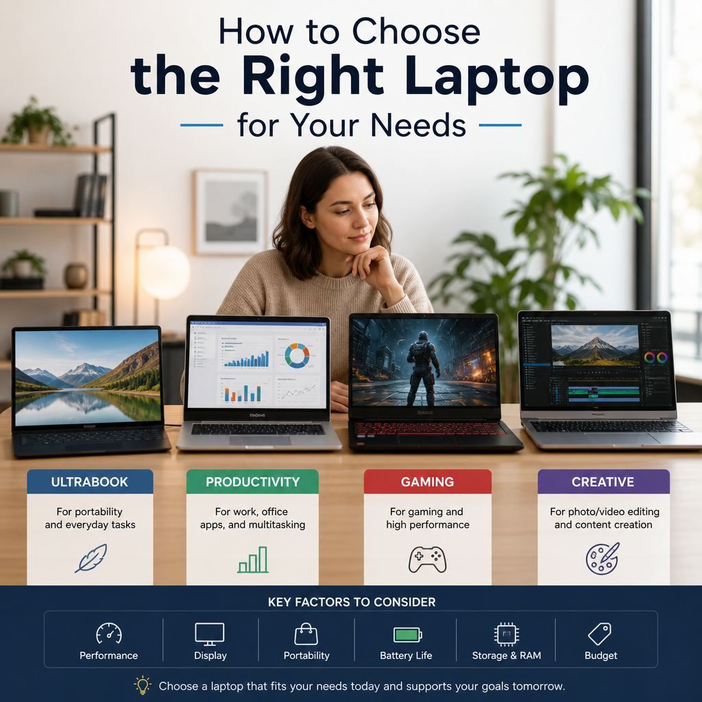Guide comparing ultrabook, productivity, gaming, and creative laptops to help choose the right laptop