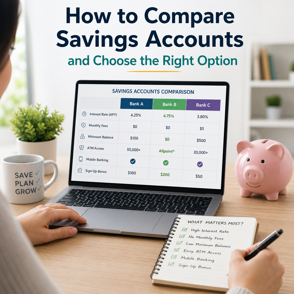 Person comparing savings account options on a laptop with a checklist and piggy bank nearby