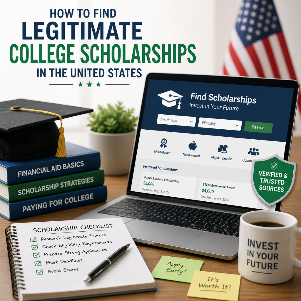 Student reviewing scholarship listings beside a financial aid checklist and laptop