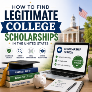 Student researching legitimate college scholarships with a laptop, notebook, and financial aid resources.