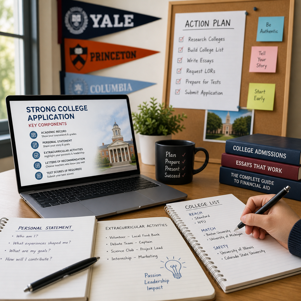 College application workspace with laptop, notes, and college pennants