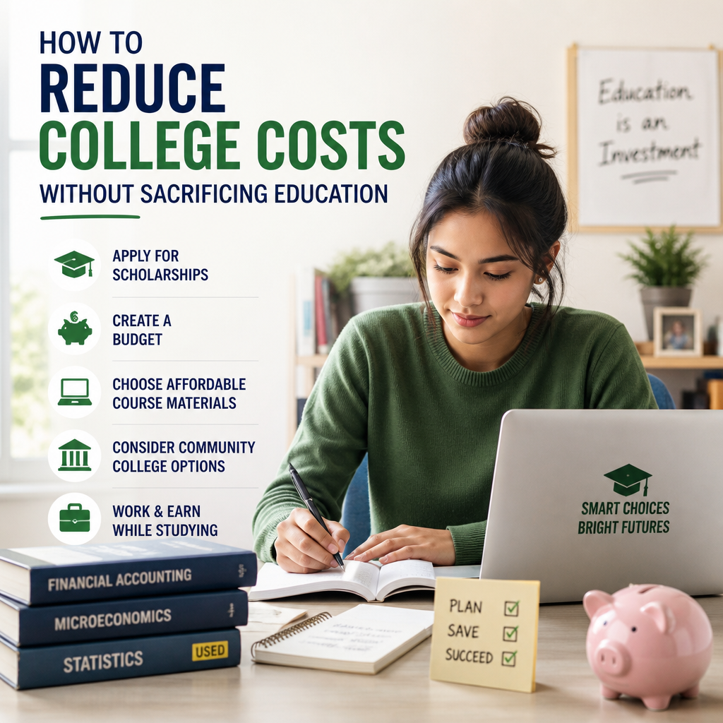 Student with laptop and calculator, surrounded by scholarship, budgeting, community college, and work icons to reduce college
