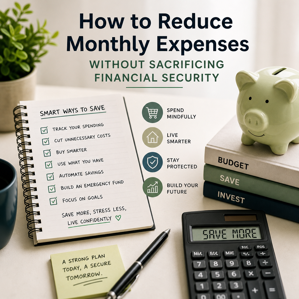 Person reviewing a budget worksheet and calculator with savings icons, illustrating ways to reduce monthly expenses safely