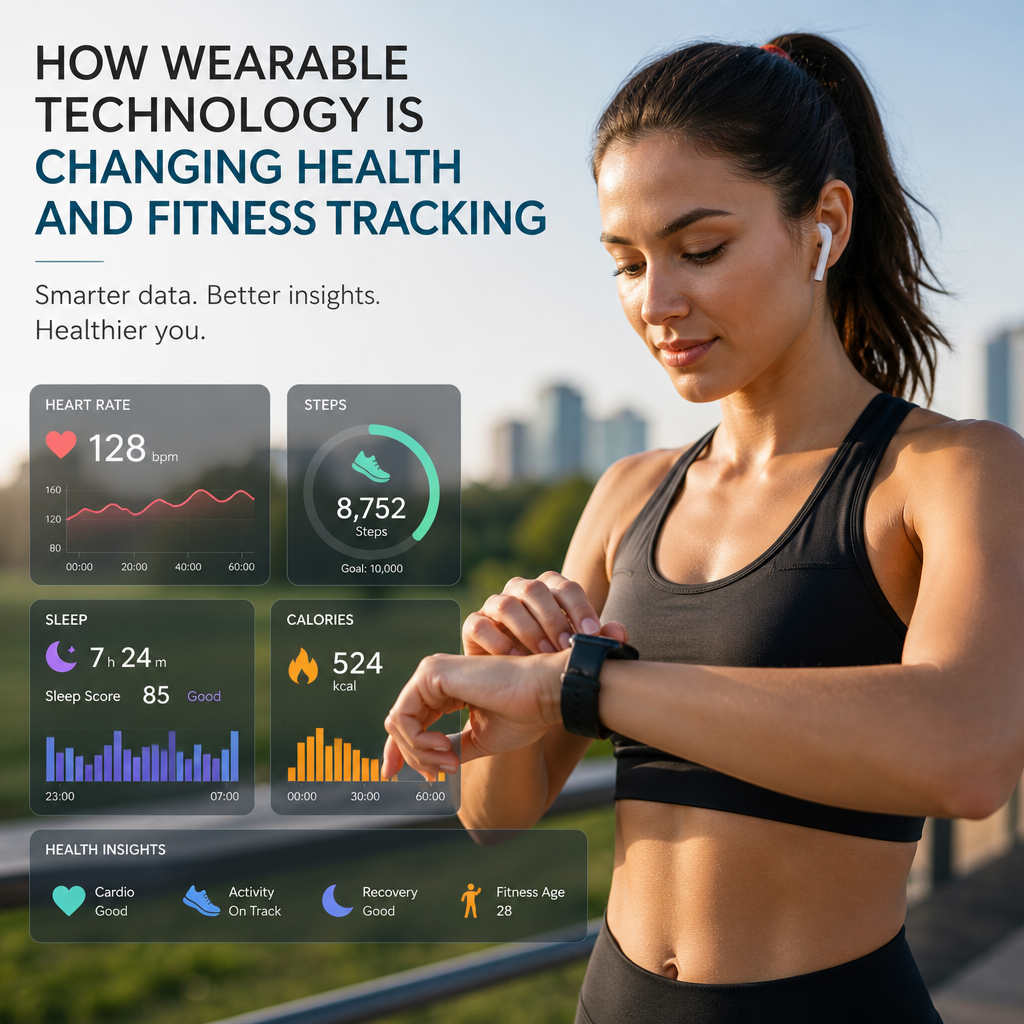 Woman using a smartwatch to track heart rate, steps, sleep, and calories for fitness and health.