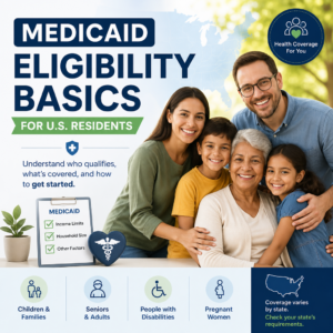 Illustration of Medicaid eligibility basics for U.S. residents, with qualification and application guidance icons
