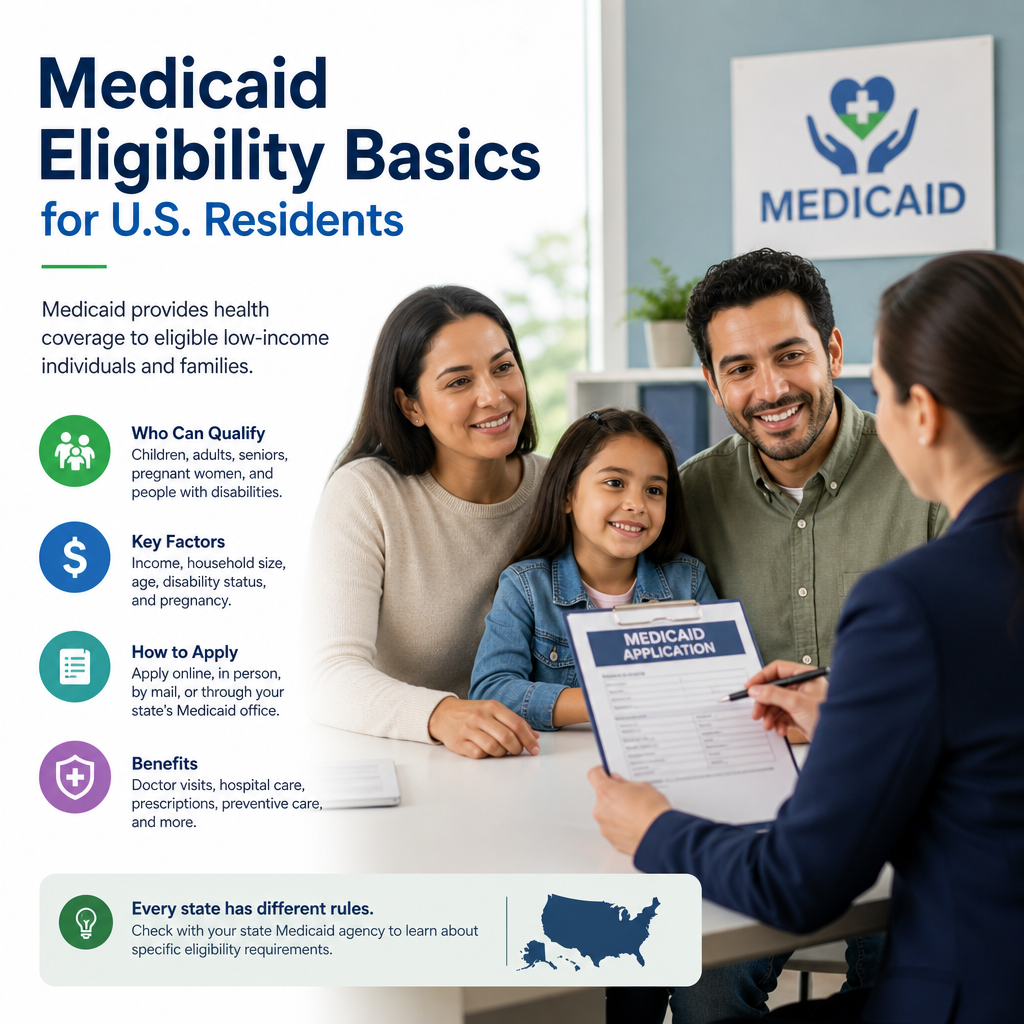 Illustration of Medicaid eligibility basics for U.S. residents, showing qualification factors, application, and benefits