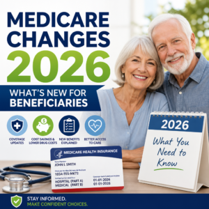 Medicare 2026 updates with beneficiary icons, coverage changes, cost savings, and care access highlights