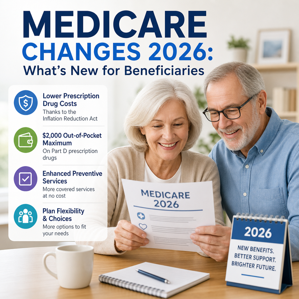 Senior couple reviewing Medicare changes for 2026 and beneficiary benefits on a laptop