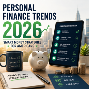 Illustration of Americans budgeting, investing, and using digital tools for smart money management in 2026