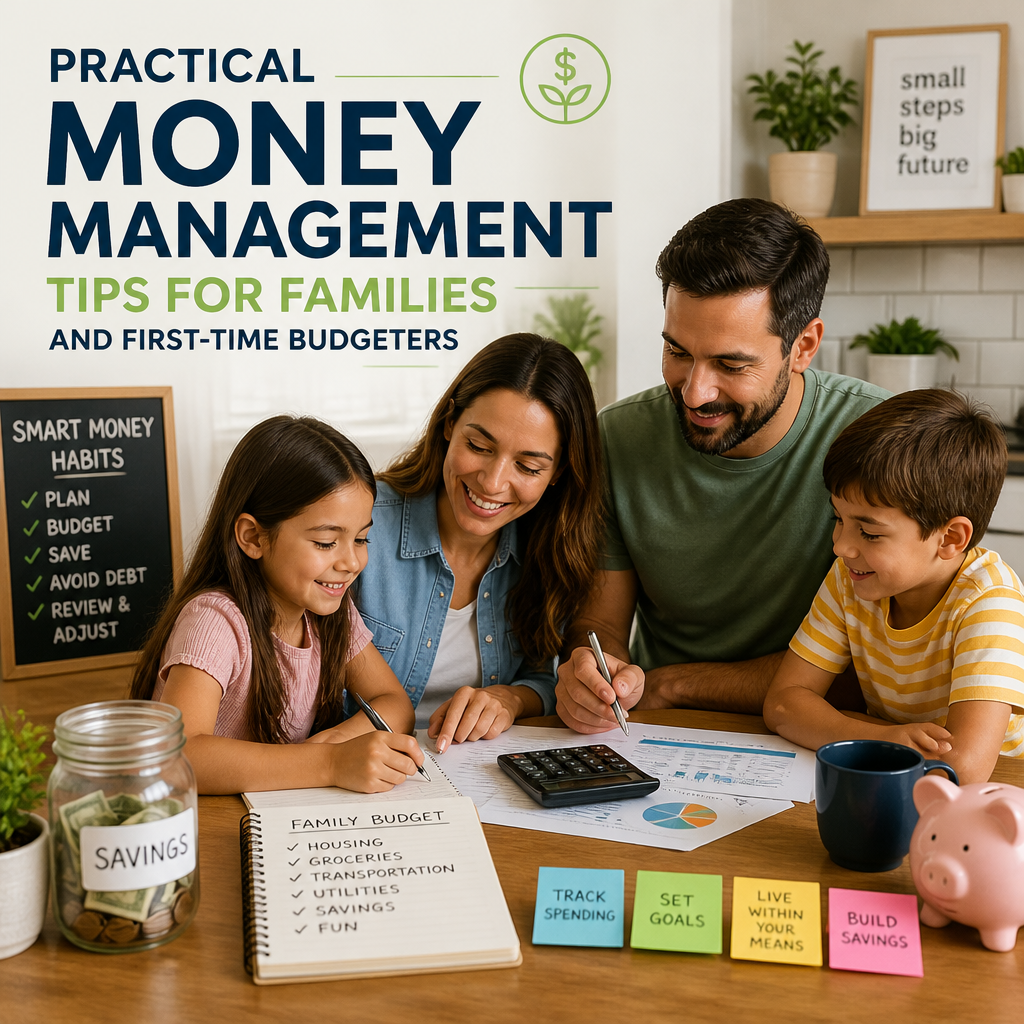 Family reviewing a budget and savings plan at the kitchen table