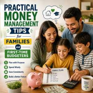 Happy family reviewing a budget together with money management tips for first-time budgeters