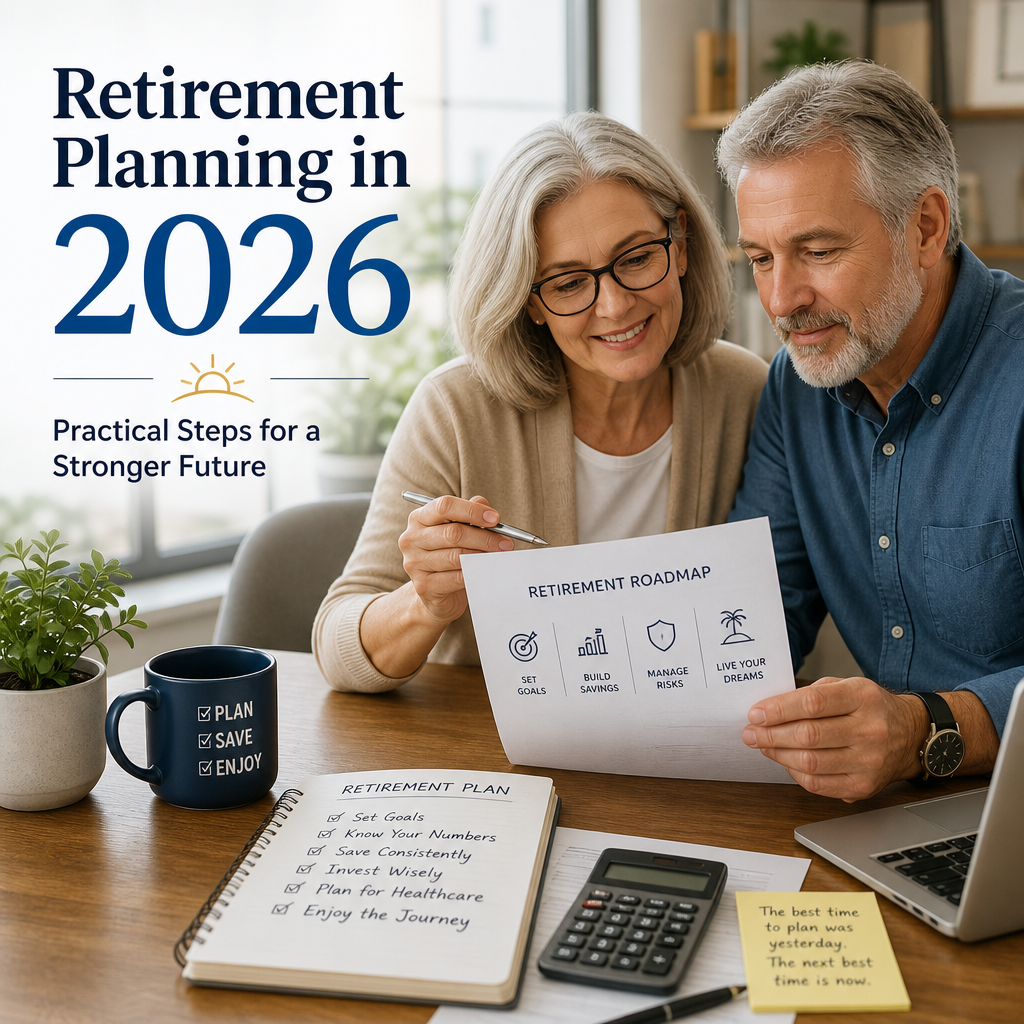 Mature couple reviewing a retirement planning roadmap and checklist for 2026 financial goals