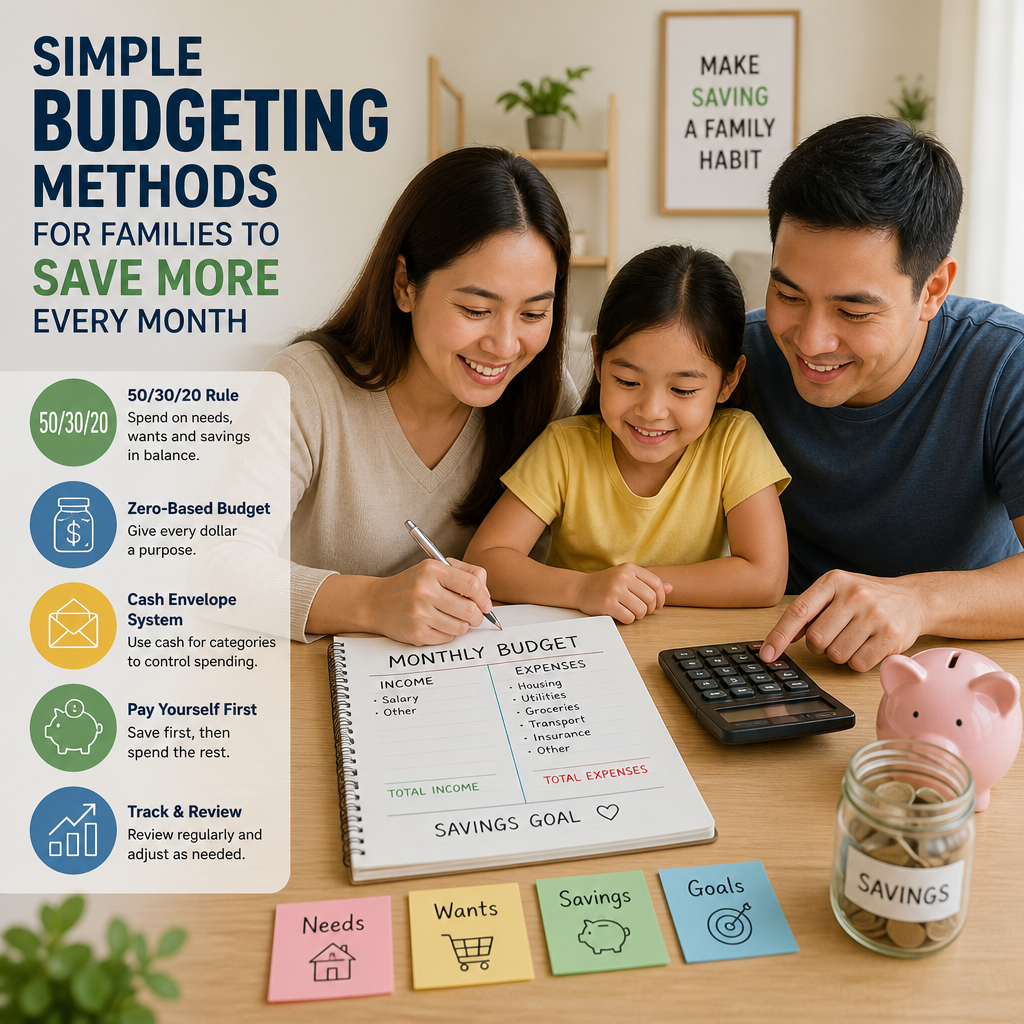 Family reviewing a simple monthly budget plan to save money together