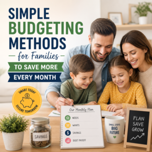 Family using a monthly budget plan and savings jar to save money each month