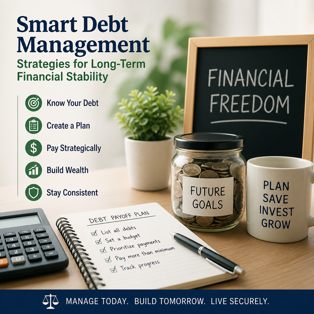Budgeting and investment notes beside a calculator and charts for debt management strategies
