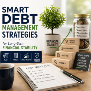 Person reviewing debt repayment plan with calculator and charts for financial stability