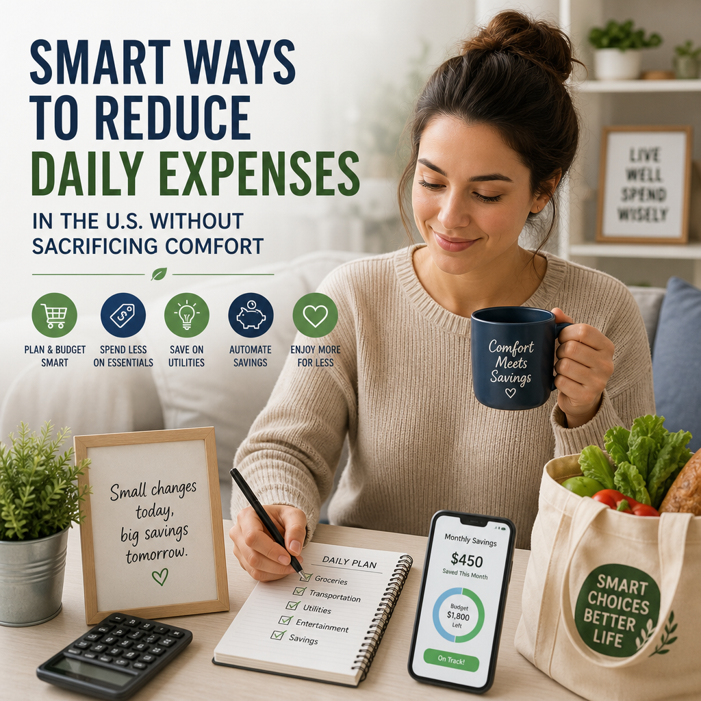 Illustration of a person budgeting with icons for groceries, transportation, utilities, and dining out, showing daily expense