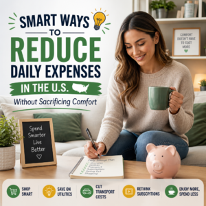 Person budgeting with grocery, transit, and utility icons to cut daily expenses without losing comfort