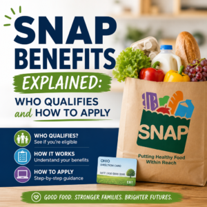 SNAP benefits guide with eligibility, application steps, and healthy food access icons