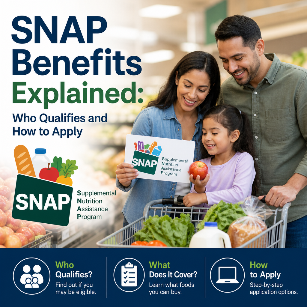 Family shopping with SNAP benefits, showing eligibility, food coverage, and application guidance
