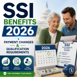 Illustration of SSI benefits 2026 payment changes and qualification requirements with calendar and dollar signs